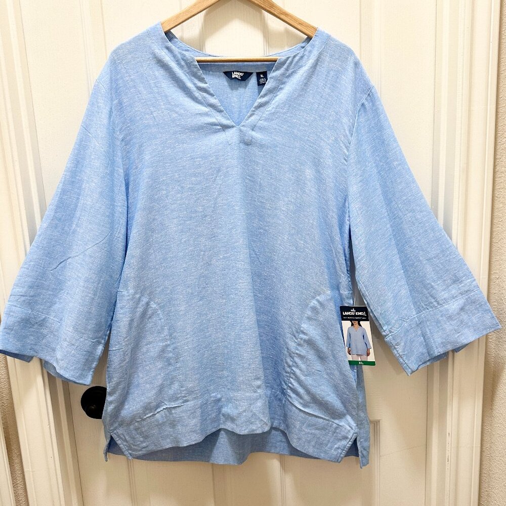 Lands’ End Women's Linen Blend Tunic Top Size XL Blue Cottagecore Coastal (NEW)